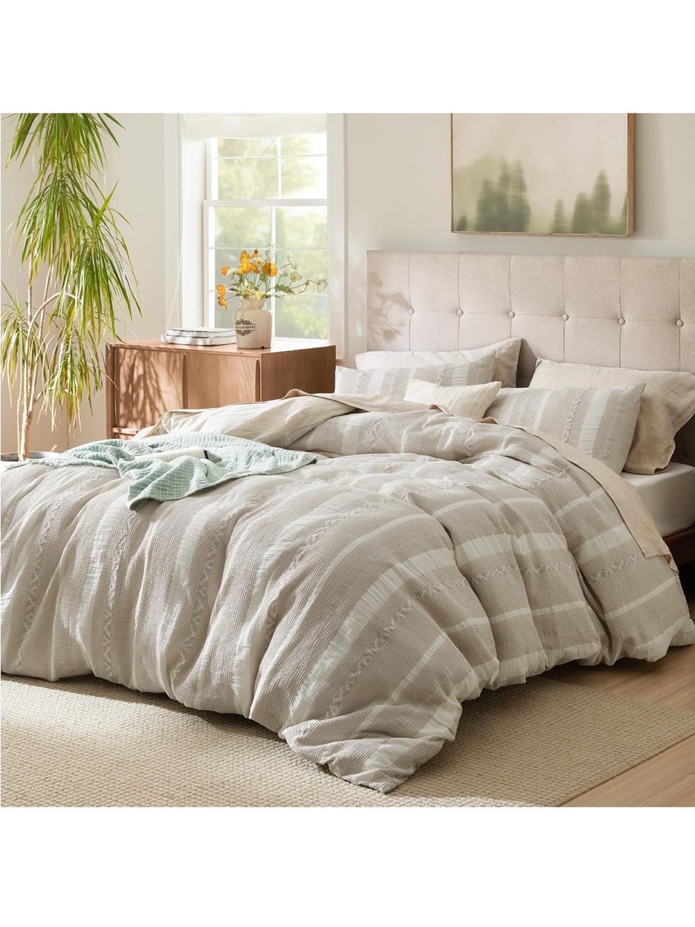 Bedsure PureWoven Boho Striped Cotton Waffle Duvet Cover Set, Queen, Linen - Picture 2 of 9